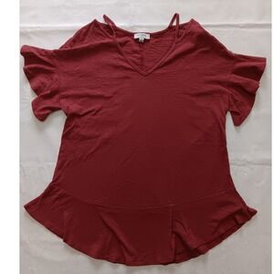 Umgee Womens Small Burgundy Ruffle Flutter Sleeve V-Neck Strappy Top G0621